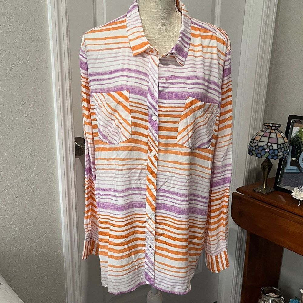 Blue sol Orange and Purple Abstract Striped Button-Down Shirt